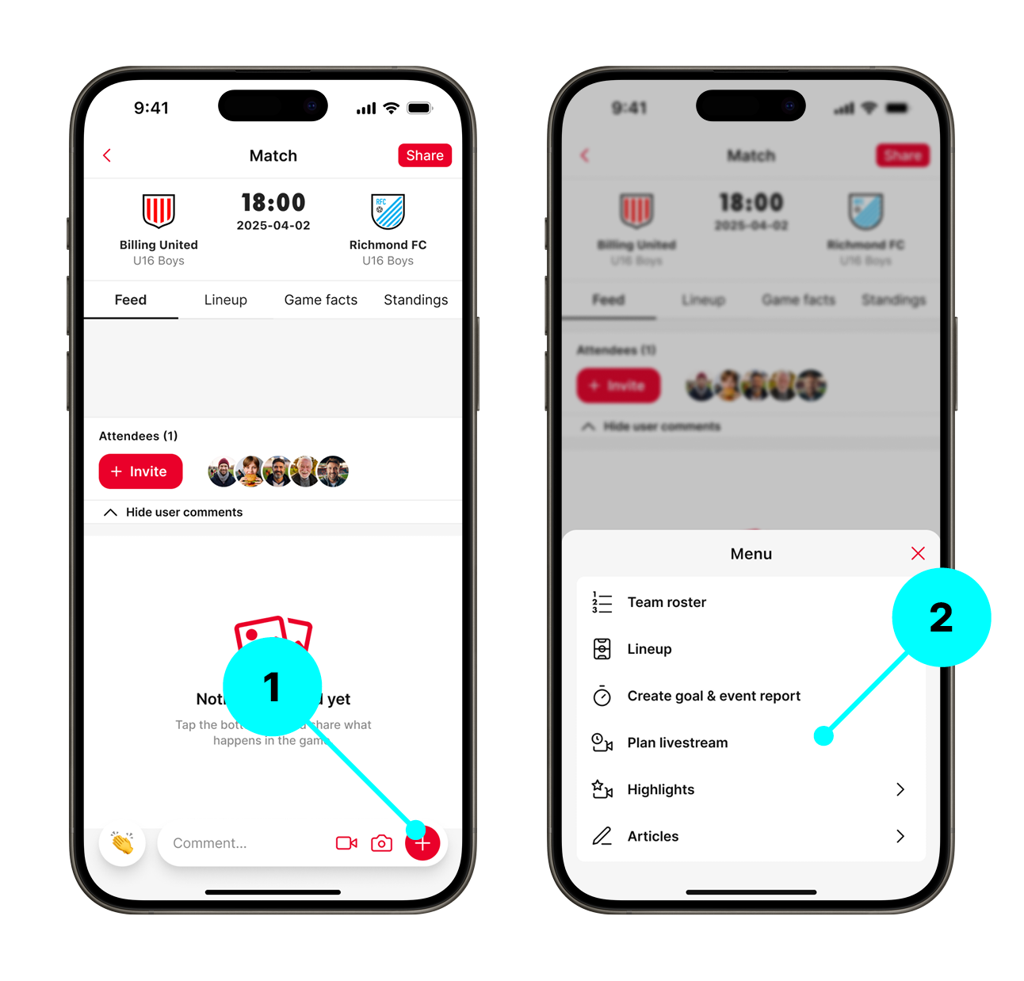 Game page — tap + button (1) and select Plan Livestream (2)