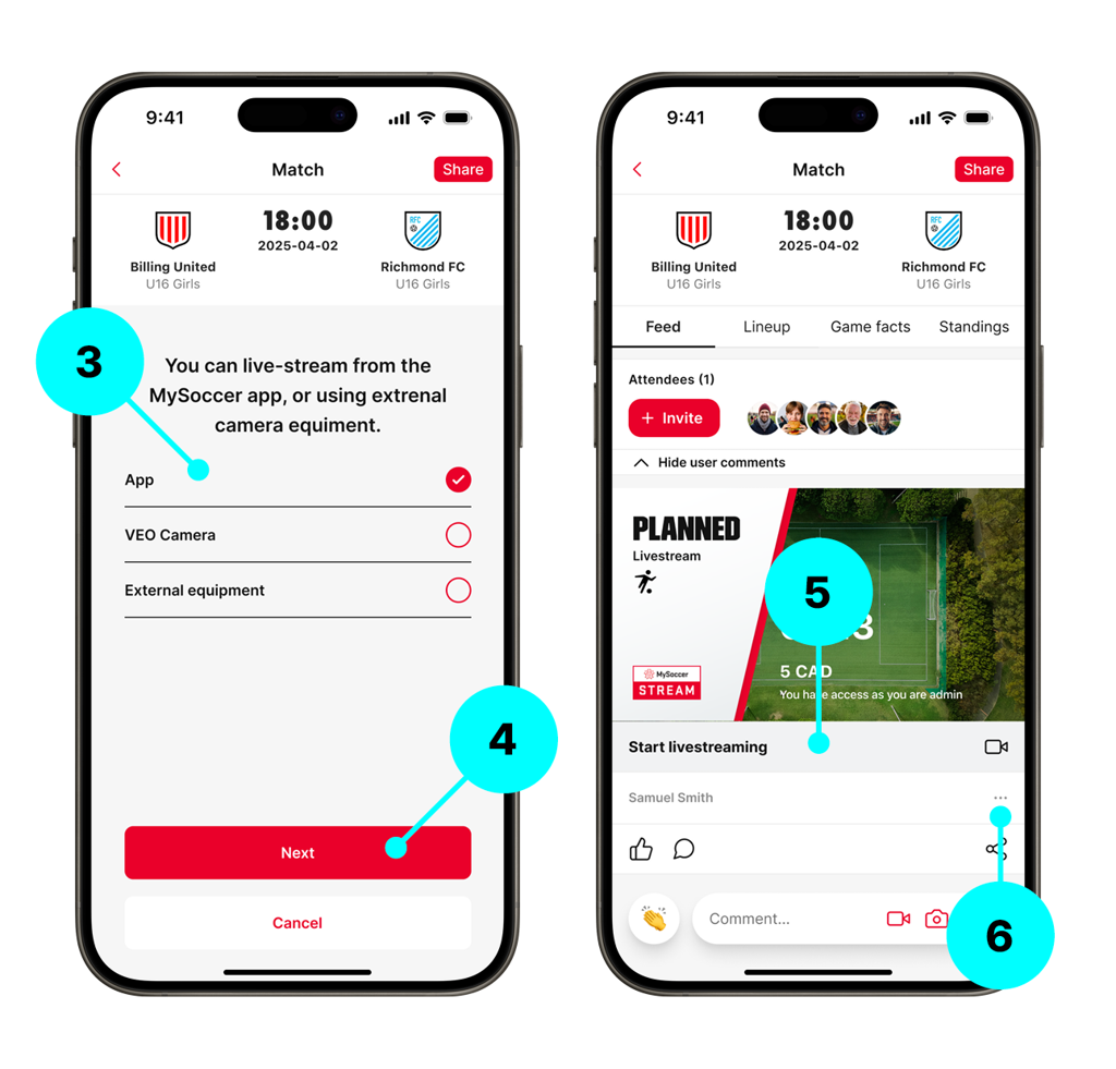 Setup screen — select App (3), tap Save (4); game feed — planned stream card (5) and edit menu (6)