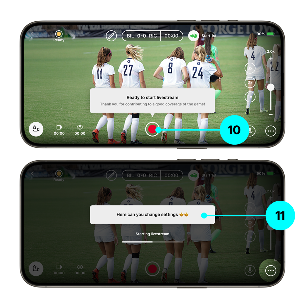 Livestream preview — red start button (10) and starting tip screen (11)