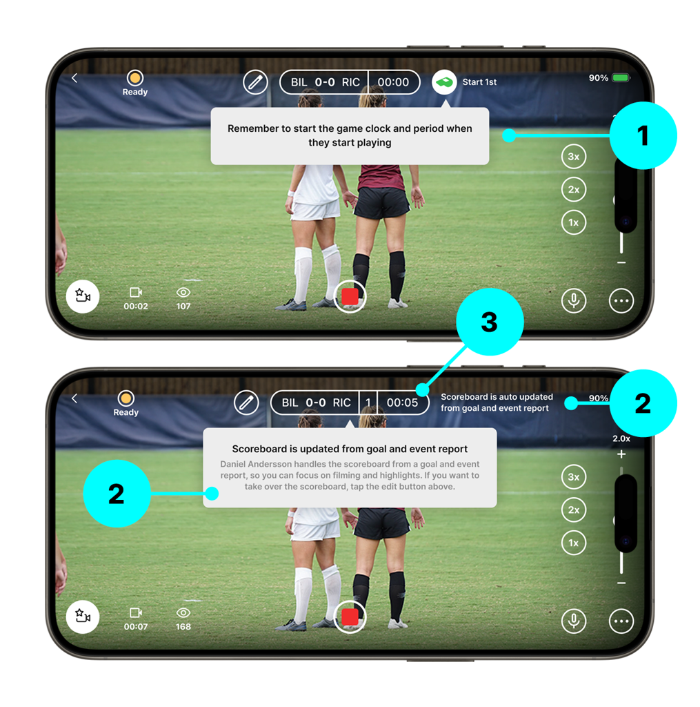 Waiting for reporting (1); scoreboard auto-update notification when reporting begins (2, 3)